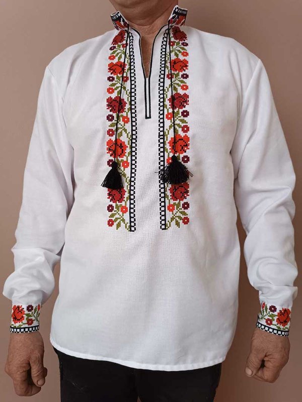 Embroidered shirt for men French flowers red - long sleeve, XS