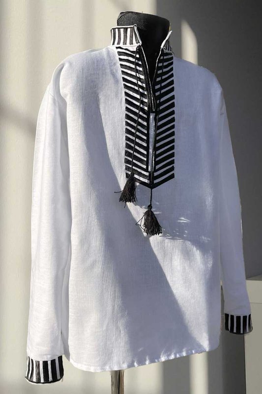 Men's embroidered shirt Fern flower white - long sleeve, XS