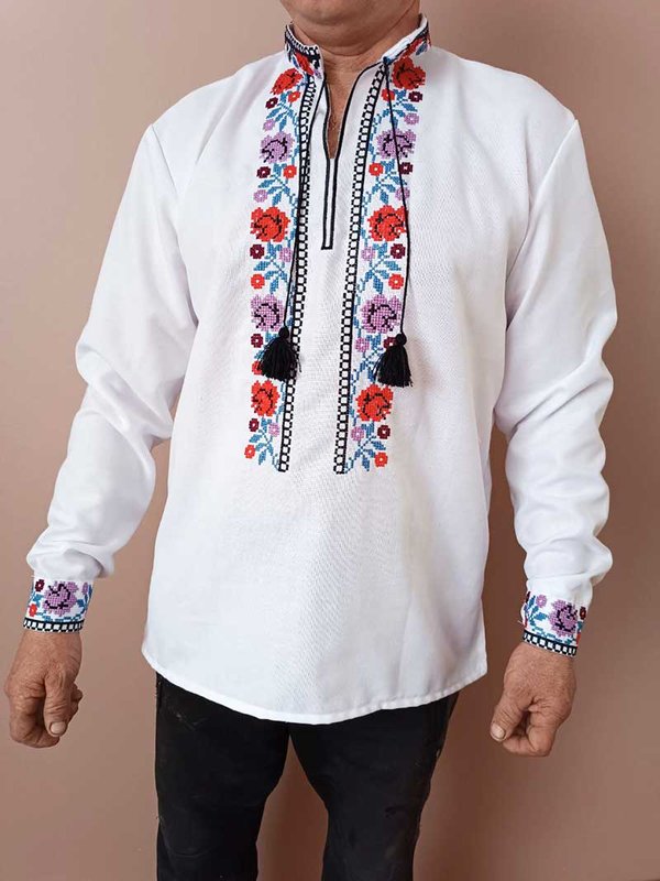 Men's embroidered French flowers in color - long sleeve, XS