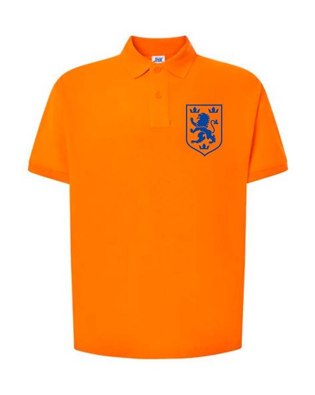 Męska patriotyczna koszulka polo: lew galicyjski, niebieski haft, pomarańcza, XS