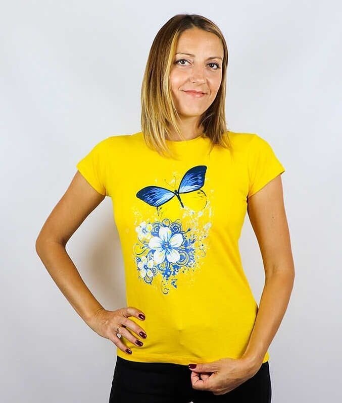Жіноча футболка з принтом «Метелики», жовта, S