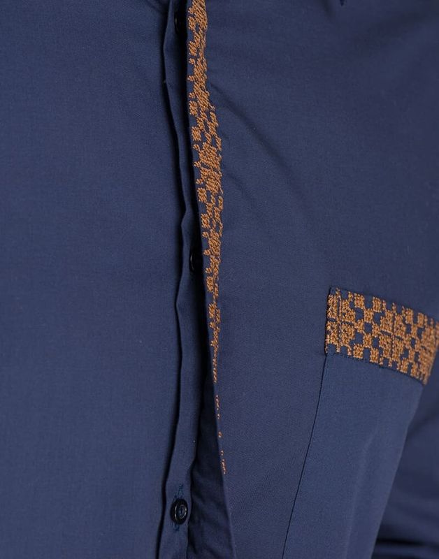 Сорочка чоловіча синя ПЛАНКА з бежевою вишивкою, 38
