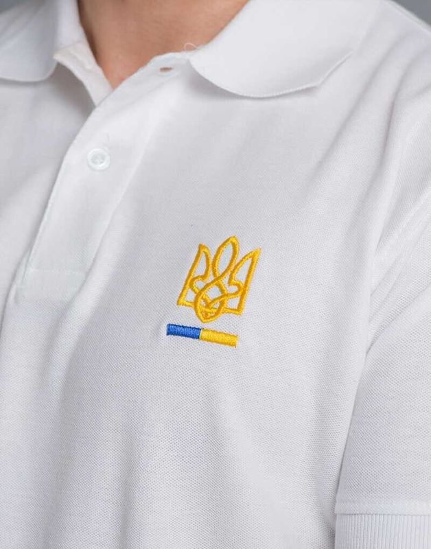 Męska patriotyczna koszulka polo: haft z trójzębem, kolor biały, XS