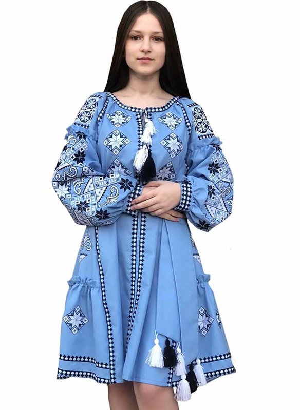 Haftowana sukienka damska Vitalina - len, niebieski, 40