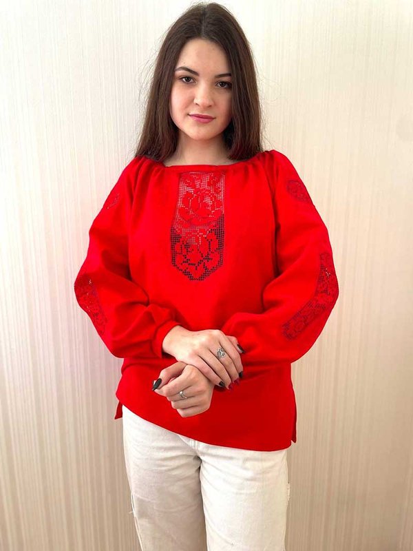 Ażurowa koszula damska haftowana, czerwony, 40