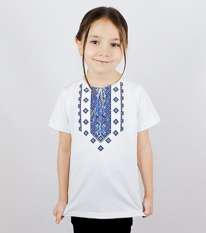 T-shirt with embroidery for girls "ALATYRKO", blue embroidery, white, 92/98cm