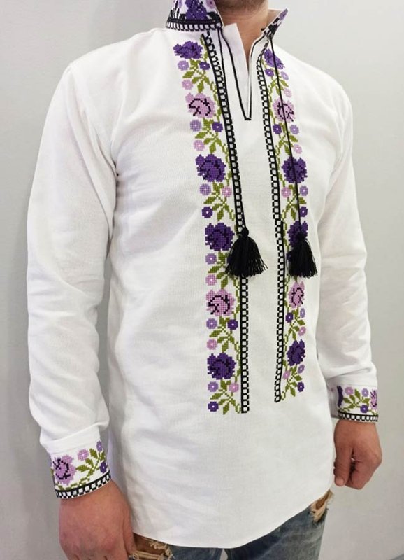 Men's embroidered French flowers purple - long sleeve, XS