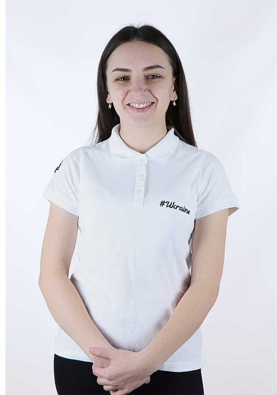 Women's patriotic polo shirt Ukraine, black embroidery, white, S