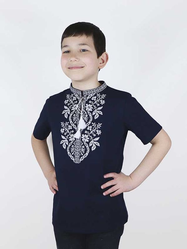 Вишита футболка для хлопчика Сокальська , біла вишивка, темно-синя, 80/86cm