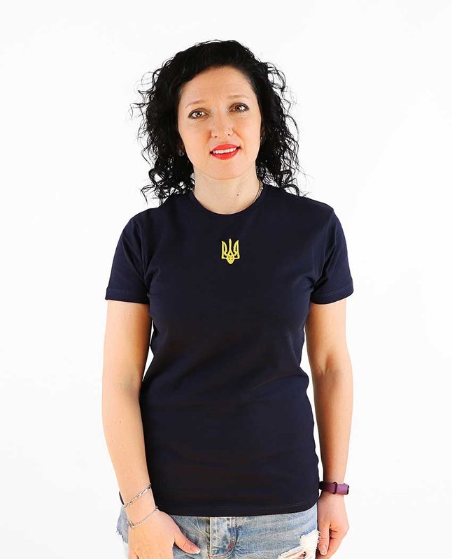 T-shirt damski z haftowanym trójzębem, kolor granatowy, S