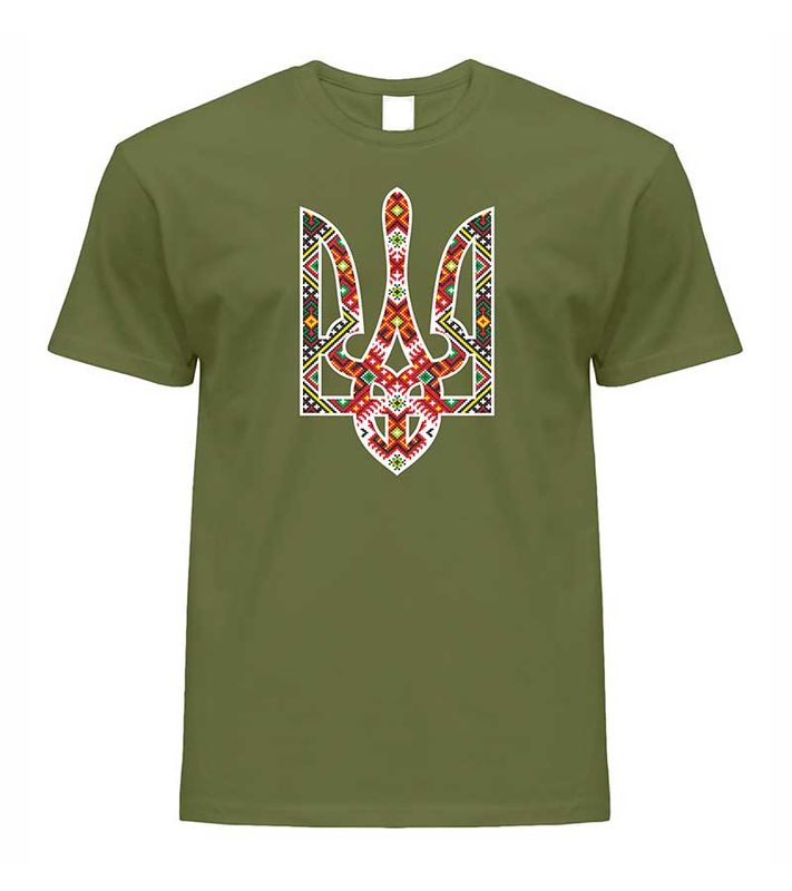 Чоловіча патріотична футболка Тризуб Вишиванка, хакі (AG), S