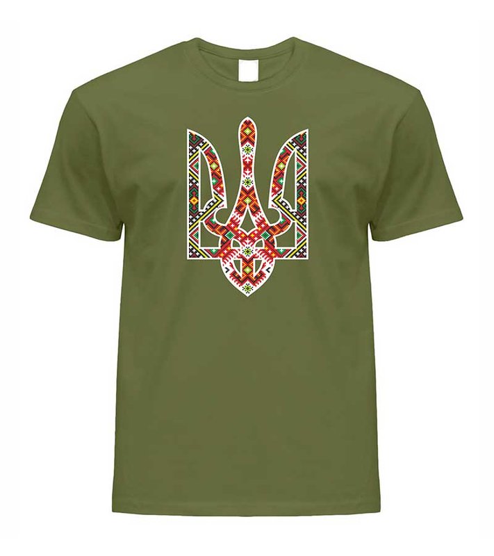 Męski T-shirt patriotyczny z haftowanym trójzębem, khaki (AG), S