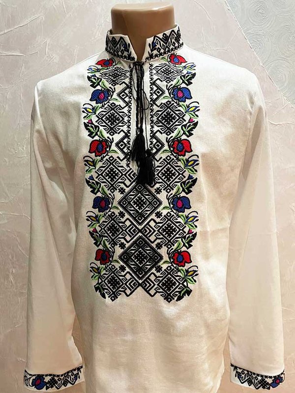 Men's embroidered shirt with Hutsul motifs, white - long sleeve, XS
