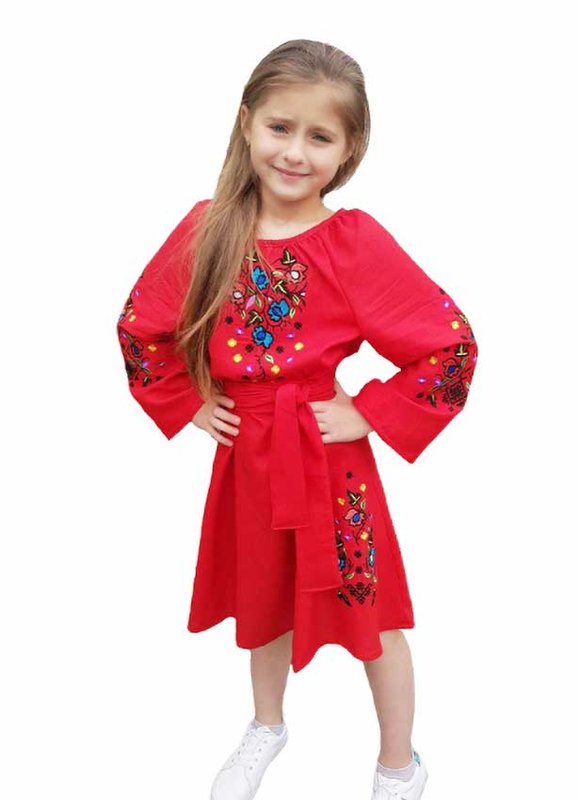 Sukienka dziecięca haftowana z motywami huculskimi - czerwona, 116/122 cm