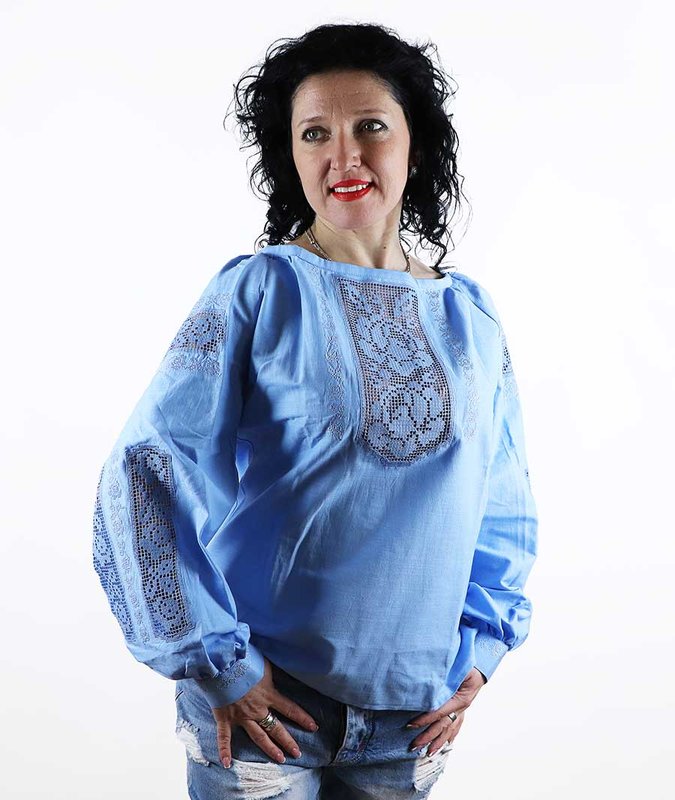 Ażurowa koszula damska haftowana, niebieski, 40