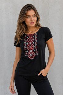 Women's embroidered T-shirt: "Red ornament", black, S