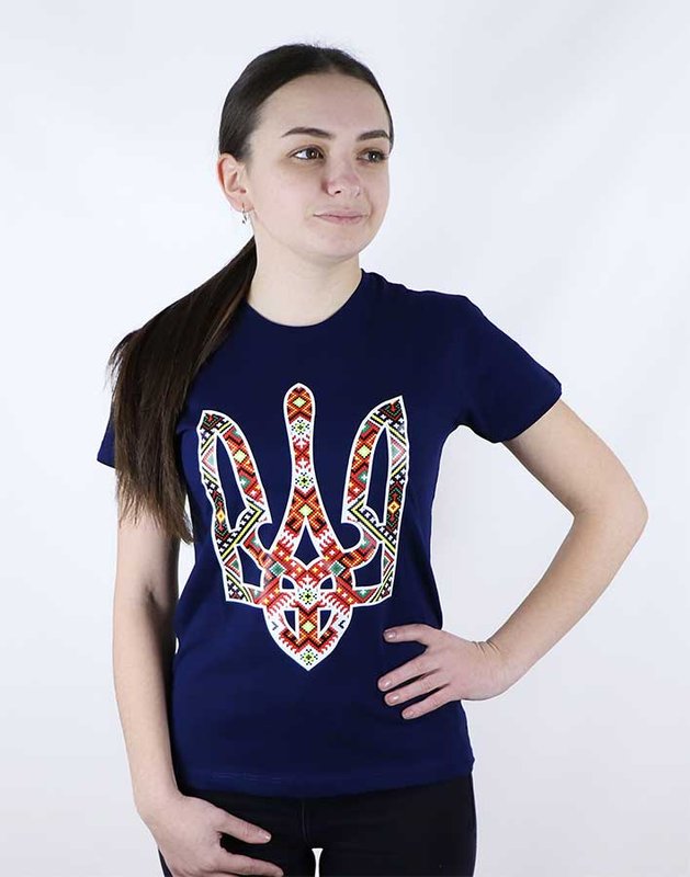 T-shirt damski z nadrukiem "Haftowany trójząb", kolor granatowy, S