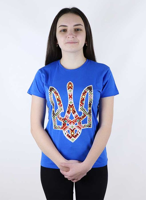 Жіноча футболка з принтом «Тризуб вишиванка», синя, S