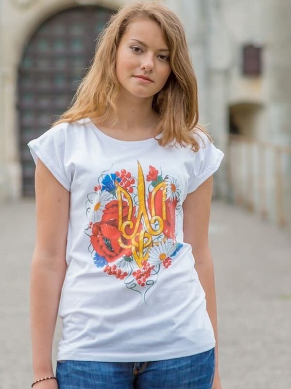 Жіноча футболка з принтом «ТРИЗУБ КВІТИ», біла, S