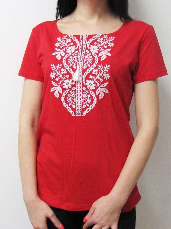 Жіноча вишита футболка Сокальська червона з білою вишивкою, XS