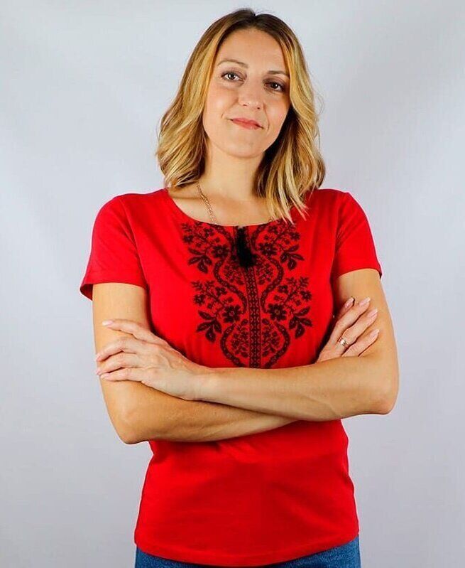 Жіноча вишита футболка Сокальська червона з чорною вишивкою, 2XL