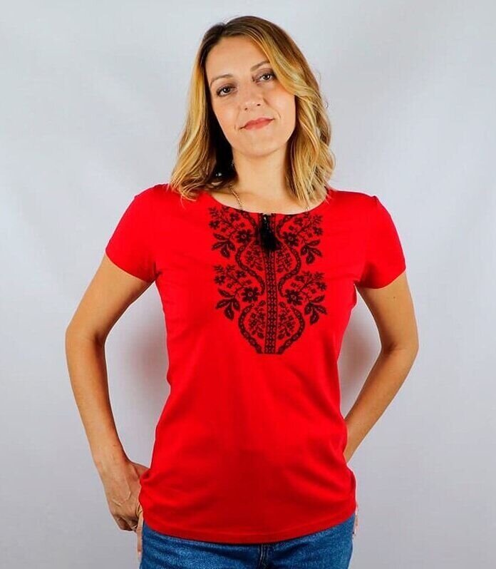 Женская вышитая футболка Сокальськая красная с черной вышивкой, 2XL