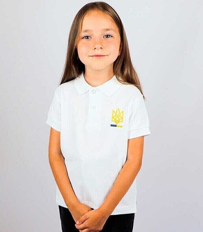 Детская вышитая футболка поло: ТРИЗУБ, белая, 12-14 лет