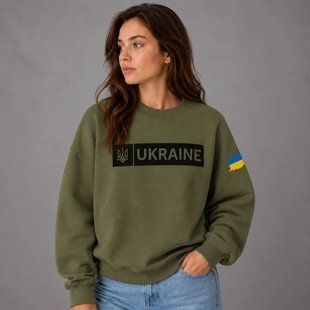 Damska bluza w kolorze khaki z napisem &bdquo;UKRAINE&rdquo;, herbem i flagą., XS