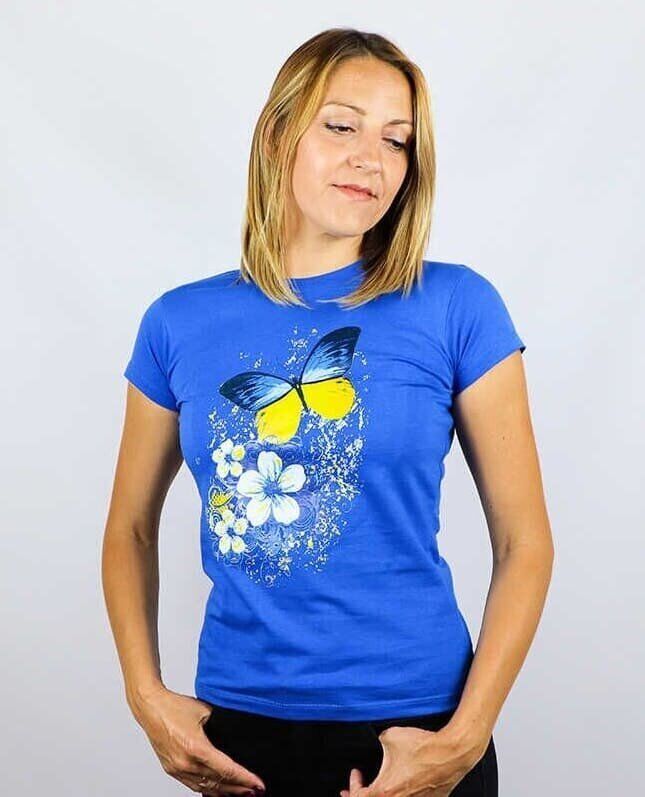 Жіноча футболка з принтом «Метелики», синя, 2XL