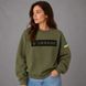 Women's khaki sweatshirt with "UKRAINE" lettering, the coat of arms, and the flag., XS