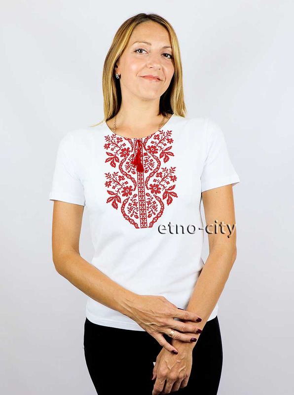 Women's embroidered T-shirt Sokalska white with red embroidery, S