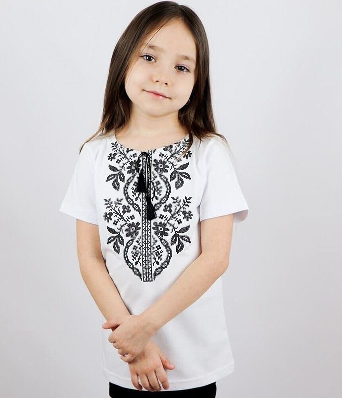 Embroidered t-shirt for a girl, Sokal embroidery, black embroidery - white, 92/98cm