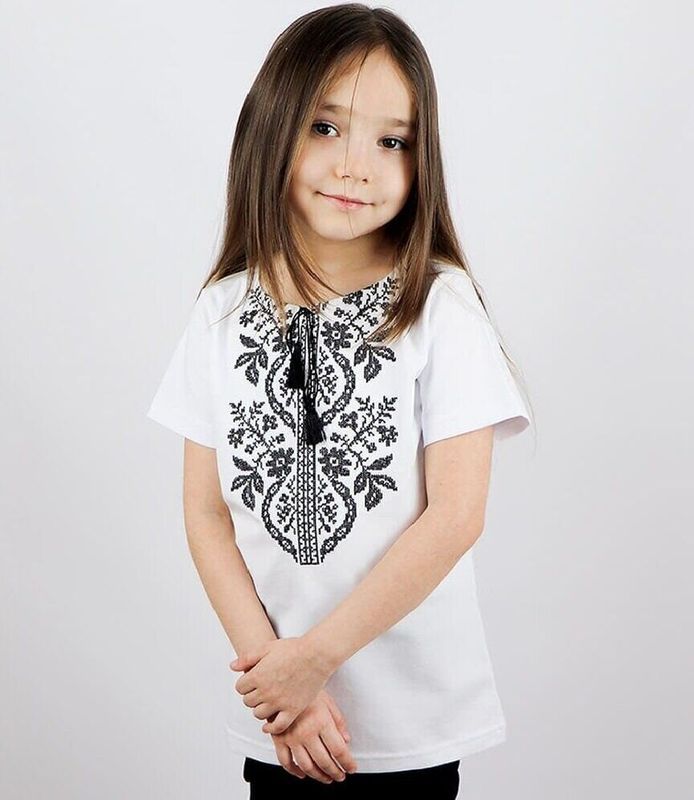 T-shirt dla dziewczynki haftowany, haft Sokal, haft czarno-biały, 92/98cm