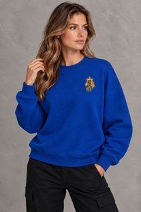 Damska granatowa bluza z dzianiny typu French terry (splot trzynitkowy) z haftem lwa, XS
