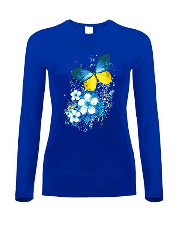 Жіноча футболка з принтом «Метелики», синя, довгий рукав, M