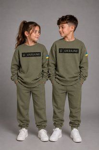 Dziecięca bluza unisex w kolorze khaki z napisem &bdquo;UKRAINE&rdquo; oraz herbem i flagą., 92/98cm