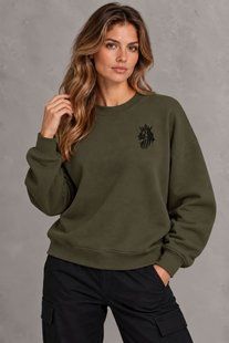 Damska bluza dresowa w kolorze khaki (dzianina trzynitkowa) z haftem lwa, XS