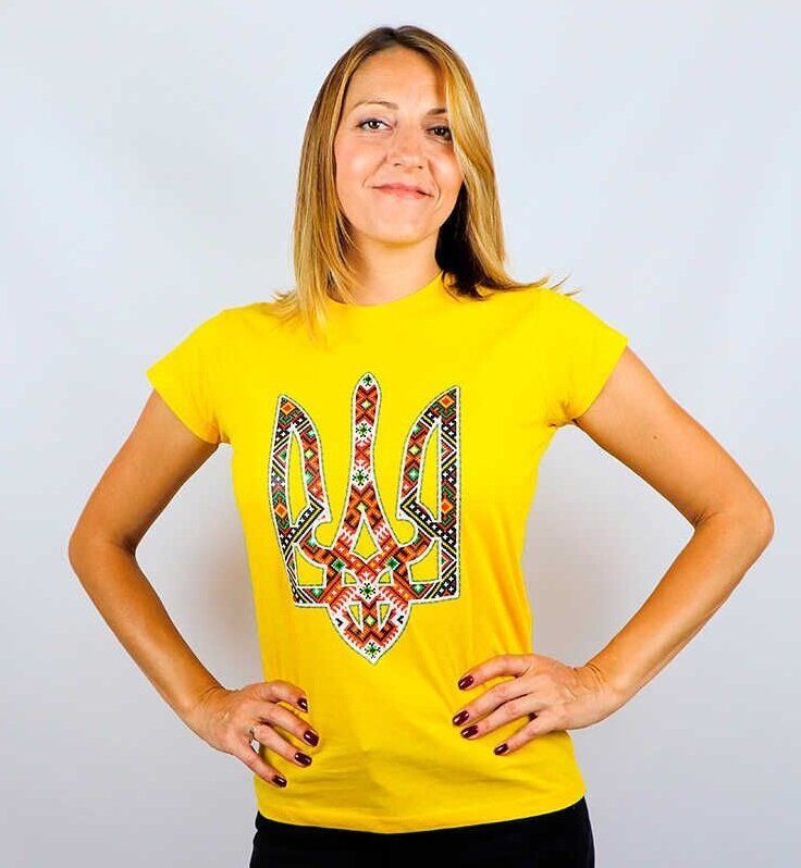 Жіноча футболка з принтом «Тризуб вишиванка», жовта, S