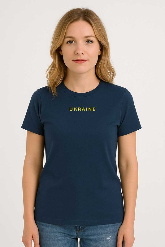 Футболка "UKRAINE" &ndash; жіноча, темно-синя, вишивка, 100% бавовна, XS