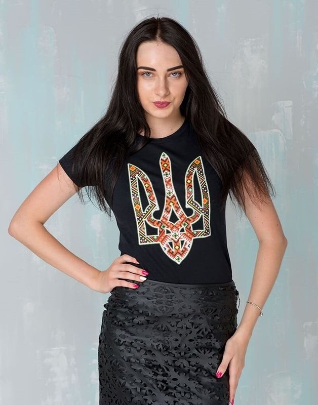 Women's t-shirt with "Embroidered Trident" print, black, S