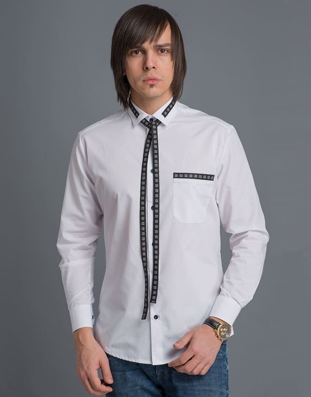 Рубашка мужская вышитая Узелок белая с черной вышивкой, 44