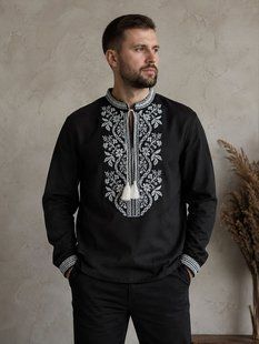 Męska czarna koszula haftowana w stylu sokalskim, z białym haftem (tkanina typu samodział), 42