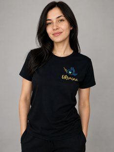Women's black cotton T-shirt with patriotic embroidery, XS