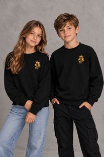 Black unisex children's three-thread fleece sweatshirt with lion embroidery, 92/98cm