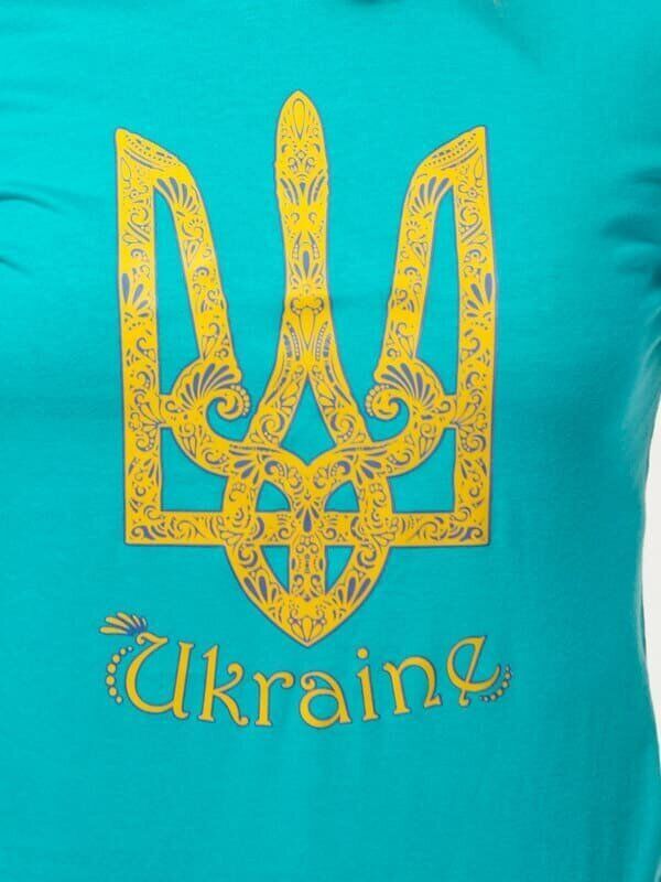 Жіноча футболка з принтом «Тризуб Ukraine», бірюзова, L