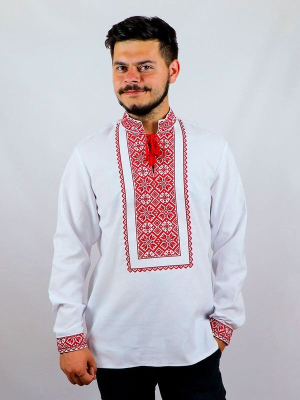 Męska haftowana koszula Trypilsky zori, - długi rękaw, czerwony haft, XS