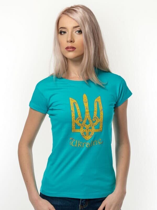 Жіноча футболка з принтом «Тризуб Ukraine», бірюзова, L