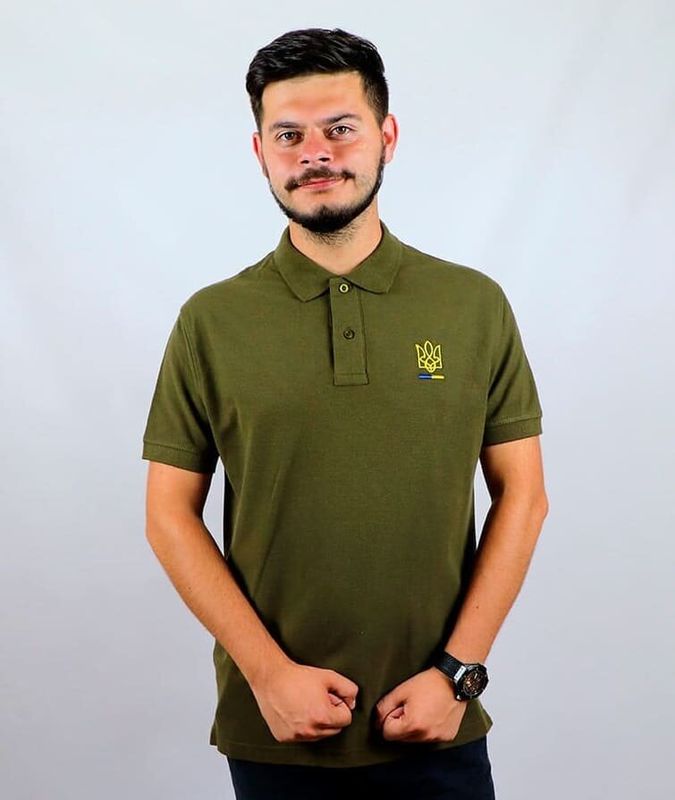 Men's Patriotic Polo T-Shirt: Trident Embroidery Khaki, S
