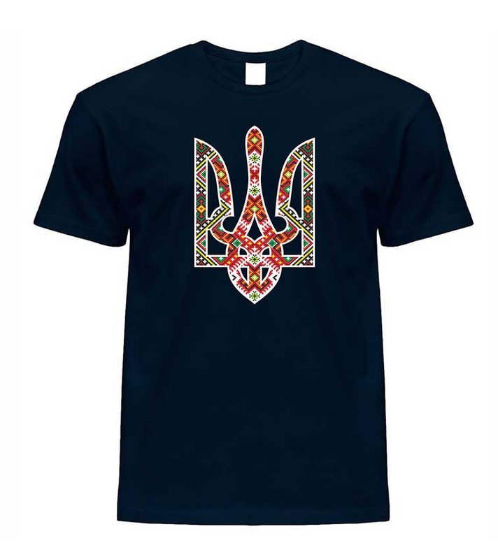 Чоловіча патріотична футболка Тризуб Вишиванка, темно-синя, S