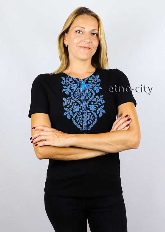 Women's embroidered T-shirt Sokalska black with blue embroidery, XS